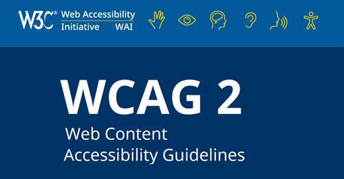 W3C Web Accessibility Initiative WCAG 2 Wordmark with icons for dexterity, vision, cognition, hearing, speech, and whole-person