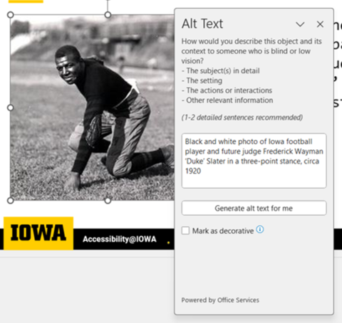 Screenshot of an image of football player Duke Slater with description in PowerPoint ALT panel