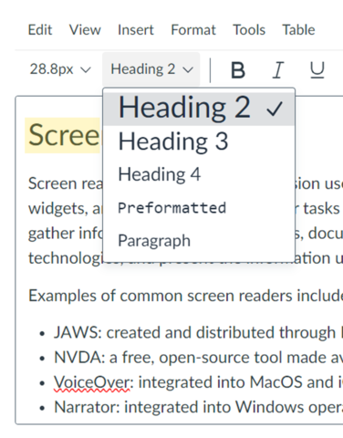 Screenshot of Heading 2, applied from the Canvas Rich Content formatting tool