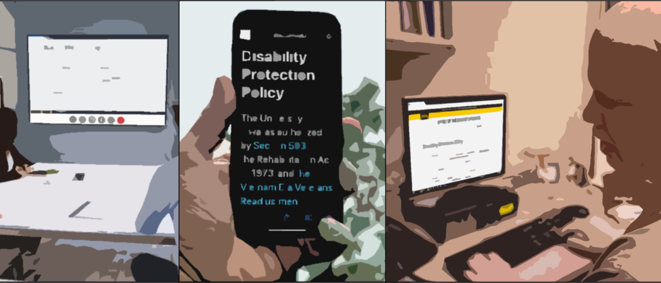 Three panels: a group views content on a conference screen; a hand holds a phone displaying the content; an individual views the content remotely using a screen reader