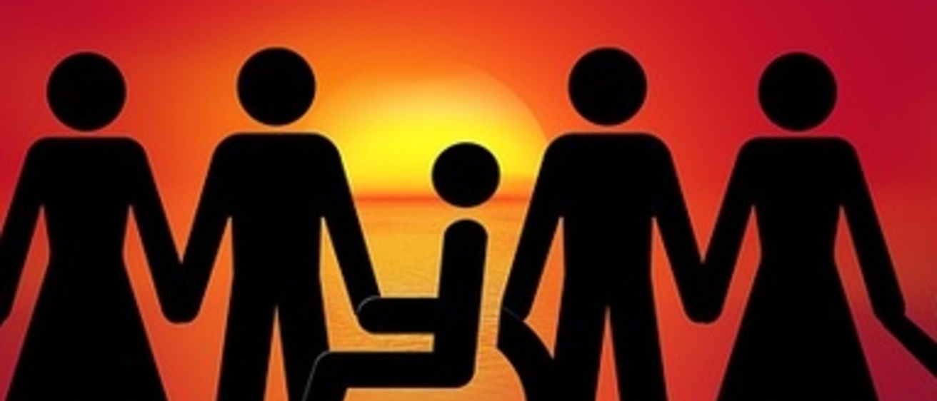 Stylized illustration of people of various ages and abilities viewing a sunrise against a red background.